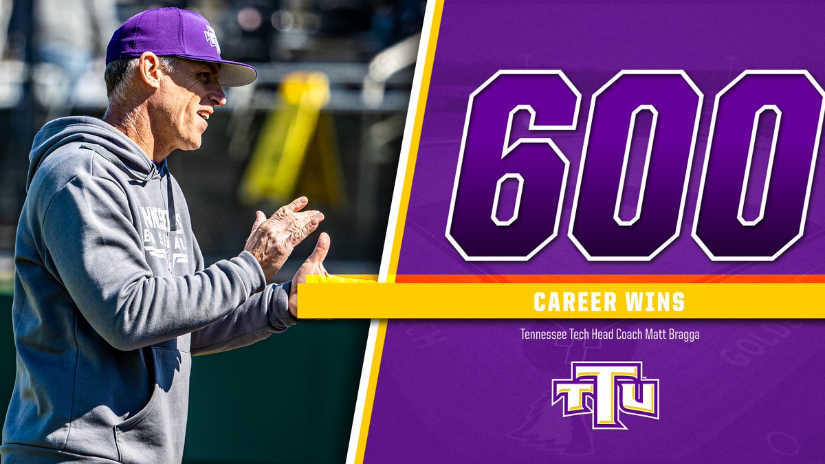 CONGRATULATIONS to head coach Matt Bragga on earning the 600th win of his DI coaching career today!

549 of those Ws have come in the purple and gold as he closes in on the all-time <a href="/TNTech_Baseball/">Tennessee Tech ⚾️⚾️</a> program record held by Hall of Famer David Mays (554)!

#WingsUp #OVCit
