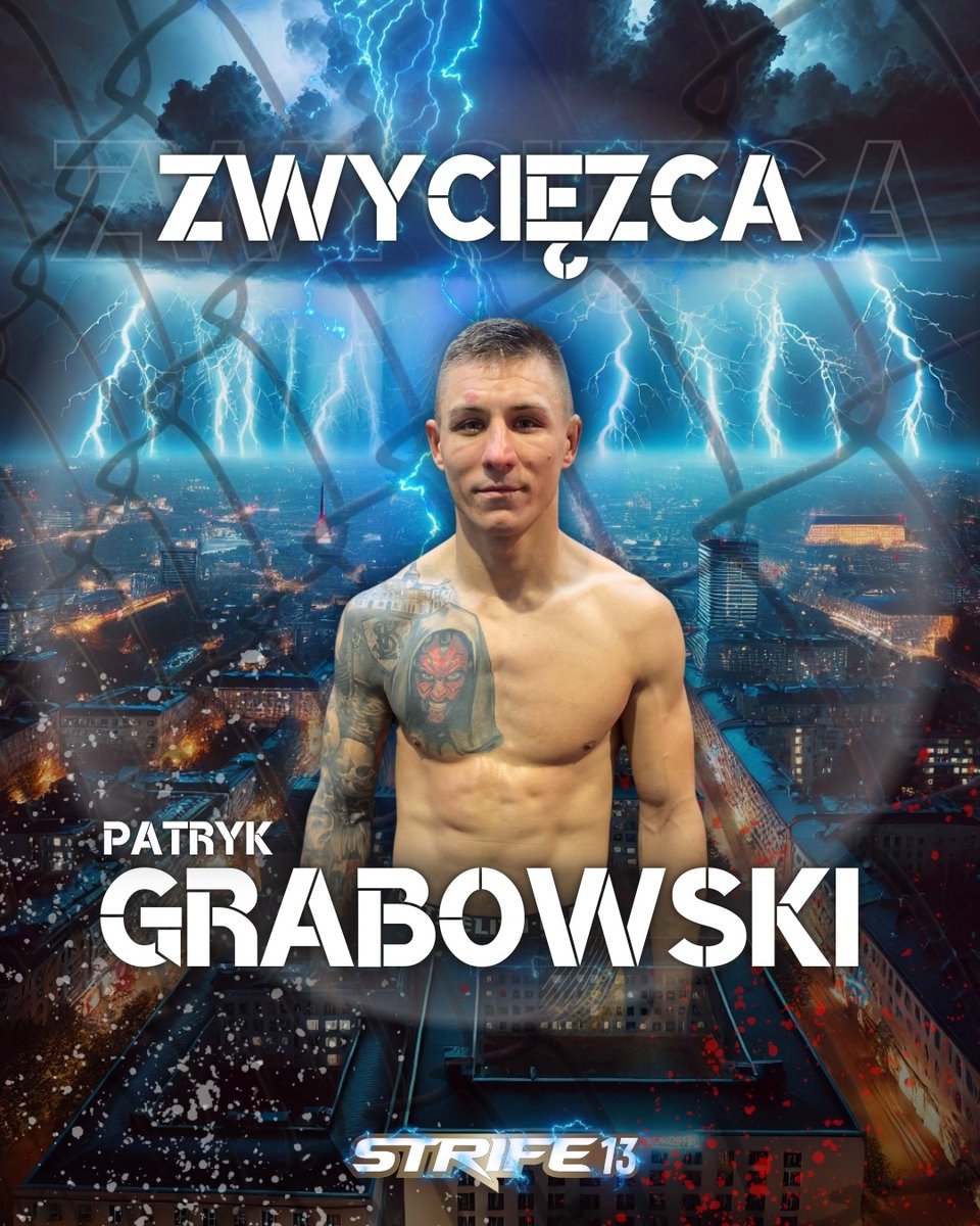 Kontuzja rywala doprowadza do szybkiego zakończenia pojedynku na rzecz Patryka Grabowskiego. 🤷‍♂️

Dziękujemy, że byliście z nami! 🙌

A już w czerwcu widzimy się w Piotrkowie Trybunalskim! 😉

🔸Strife 13🔸
🗓️12 KWIETNIA 
📍RADOM
💻Transmisja - youtube.com/live/V4gA0he-L…
