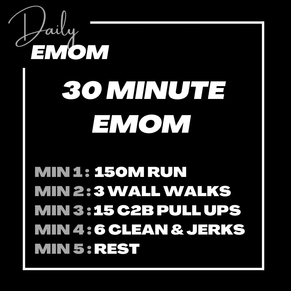 emomdaily's tweet photo. 🌋Every Minute On the Minute For 30 Minutes 🌋

Rotate between..

Minute 1 - 150m Run

Minute 2 - 3 Wall Walks🤸🏼 

Minute 3 - 15 Chest To Bar Pull Ups

Minute 4 - 6 Clean &amp; Jerks @ 70kg/47.5kg (155lbs/105lbs)

Minute 5 - Rest 😅

#crossfitopen #crossfitgames #wodoftheday #workout https://t.co/4elKBSRmt8