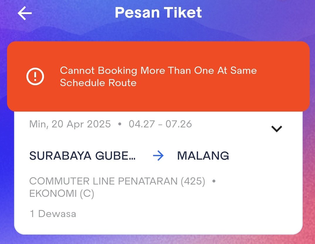 any_malang's tweet photo. Dear @KAI121 tadi sy berhasil booking tiket commuter line Doho (403) utk tgl 20 april Blimbing-Gubeng jam 16.23-18.59. Ketika sy mau boking tiket kedua utk rute pagi di hari yg sama, ternyata ada warning seperti ini. Kenapa tidak bisa ya? Padahal jamnya berbeda,walau harinya sama https://t.co/XeRsb3Q7Xf