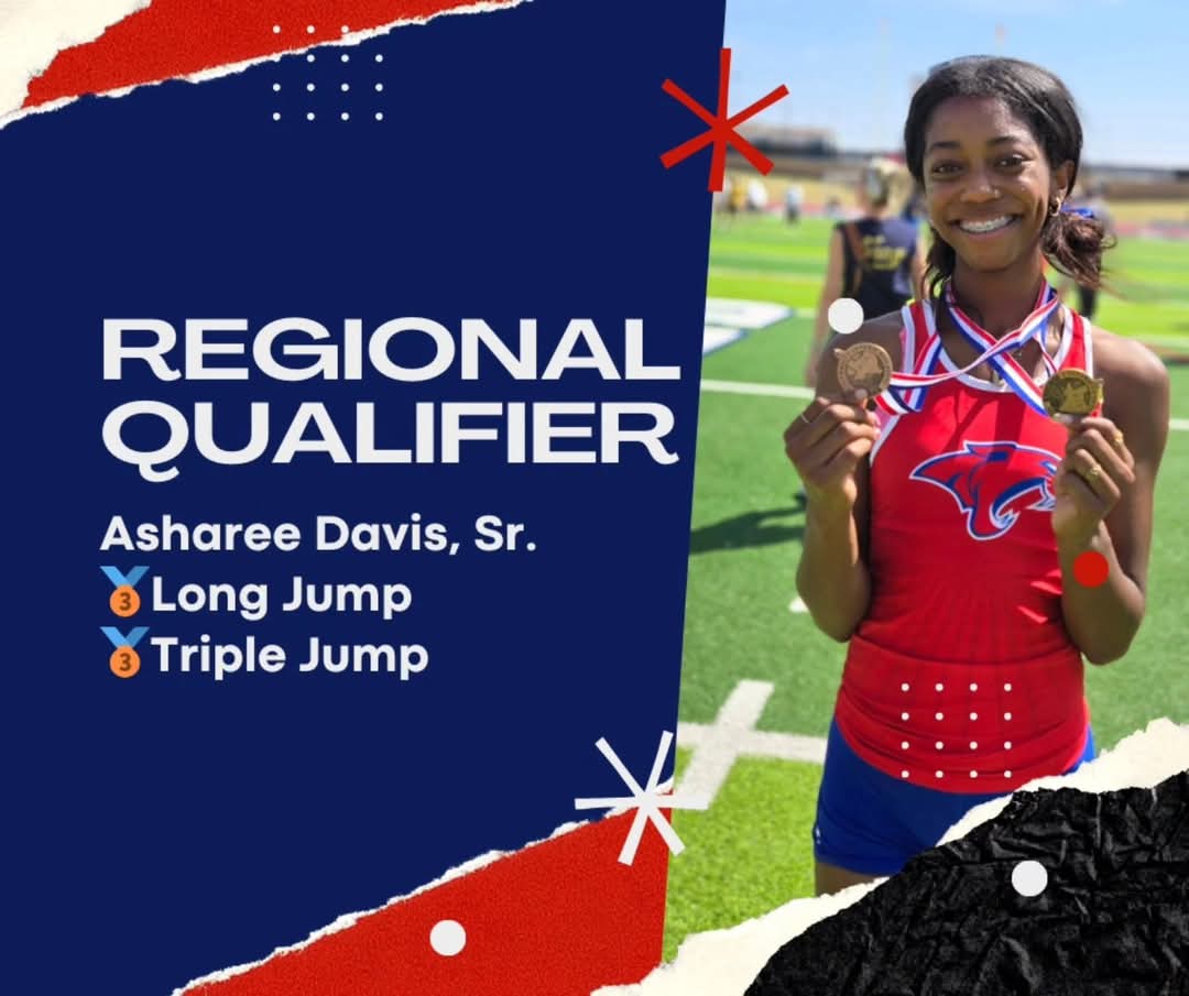 💥REGIONAL QUALIFIER💥

Congratulations to Asharee Davis(SR), who took 3rd in both the LJ and TJ at Area to advance to the Region 1-5A championships in Lubbock!

A 3x regional qualifier in both. Catch her in action at Lowery Field on April 18 and 19.

Go Coogs! 💙❤️ #MPFAW #FAAB