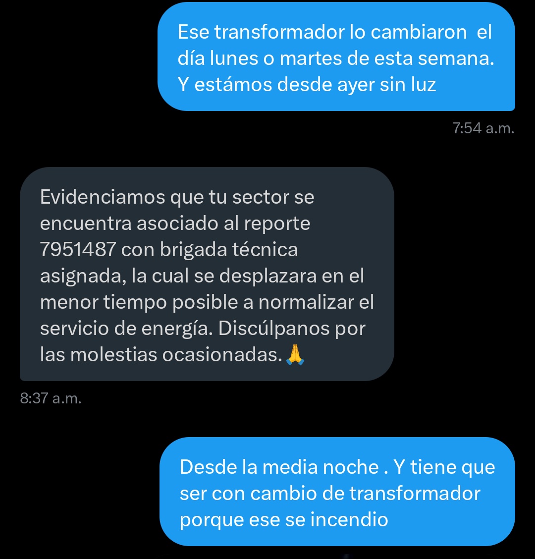 CaroSP146's tweet photo. Sres @Aire_Energia  cuál reporte es el correcto, cuando va a llegar la brigada. O es que hay que bloquear la 8 con Murillo para que puedan venir?  A qué juegan?  @AtlanticoEmi https://t.co/mI8xhAyteh
