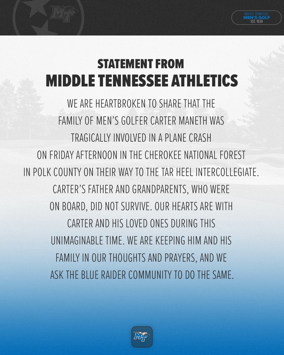 Blue Raiders grieve golfer Carter Maneth’s tragic loss

🔗 goblueraiders.co/4ijMSkz