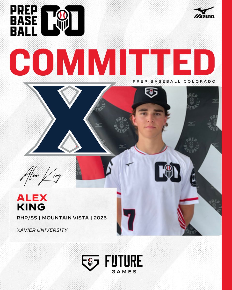 🚨𝐂𝐎𝐌𝐌𝐈𝐓𝐌𝐄𝐍𝐓 𝐀𝐋𝐄𝐑𝐓🚨

'26 RHP/SS Alex King (Mountain Vista) has announced his commitment to Xavier University.

King is a 2024 Future Games alumni and comes with a fastball around 90 mph!

Profile: loom.ly/KzyoIC0 | <a href="/a13x_king20/">Alex King</a>