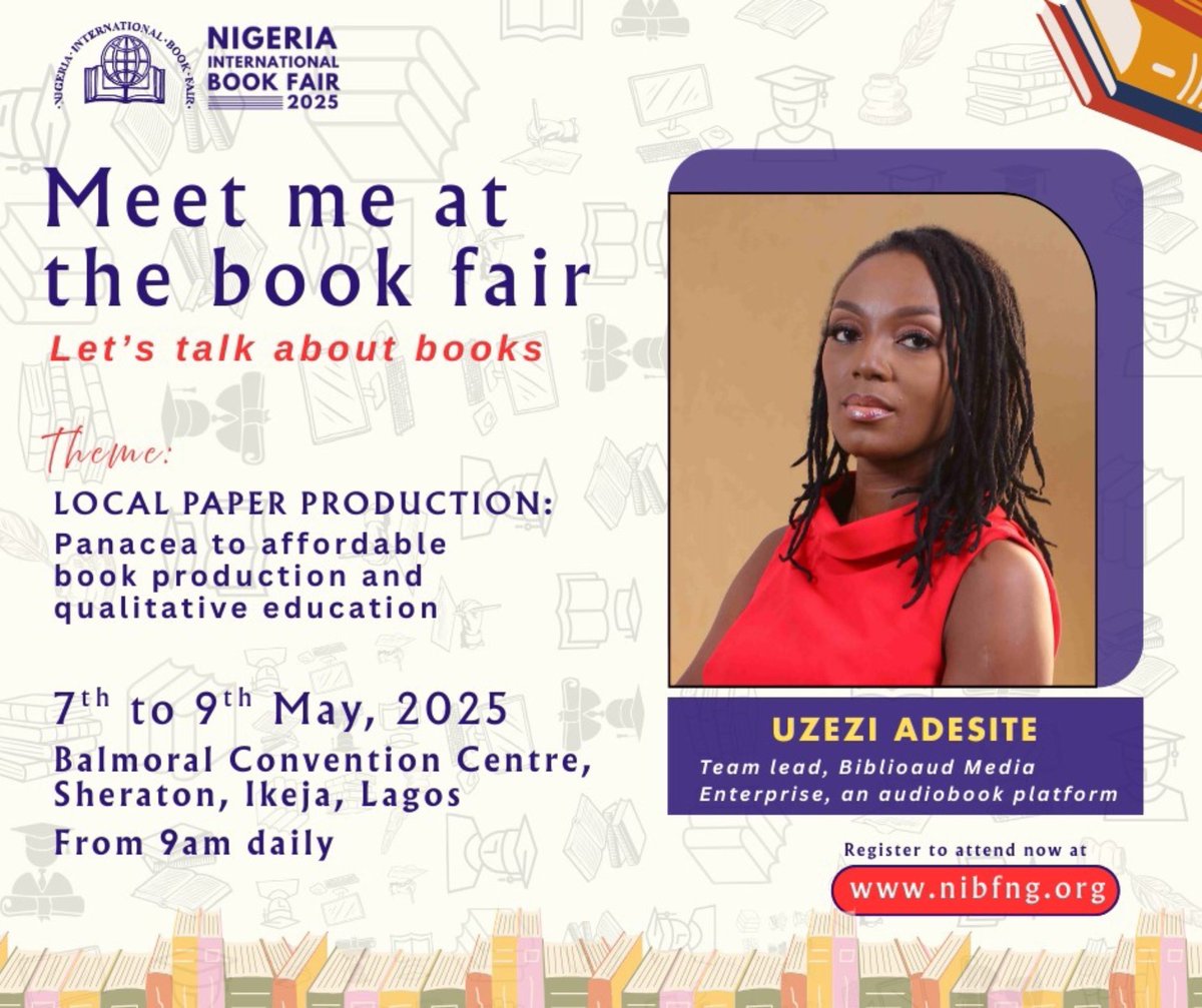 biblioaud's tweet photo. On May 9th, join @iamzayzee of Biblioaud, at the Nigeria International Book Fair, to discuss *Affordable Print Crisis: Maximising Ebooks and Audiobooks as Gapfillers* https://t.co/KWhOLtA9U2
