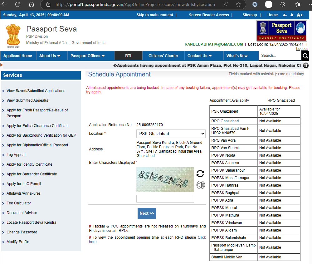 iRandeepSB's tweet photo. @rpoghaziabad Dear Sir, I am trying to reschedule my Tatkal appointment since 2 Days. Even though it shows 300 slots available on 16/4/25, I am getting error "All released appointments are being booked". Please help. https://t.co/ZdXyQGNY7R