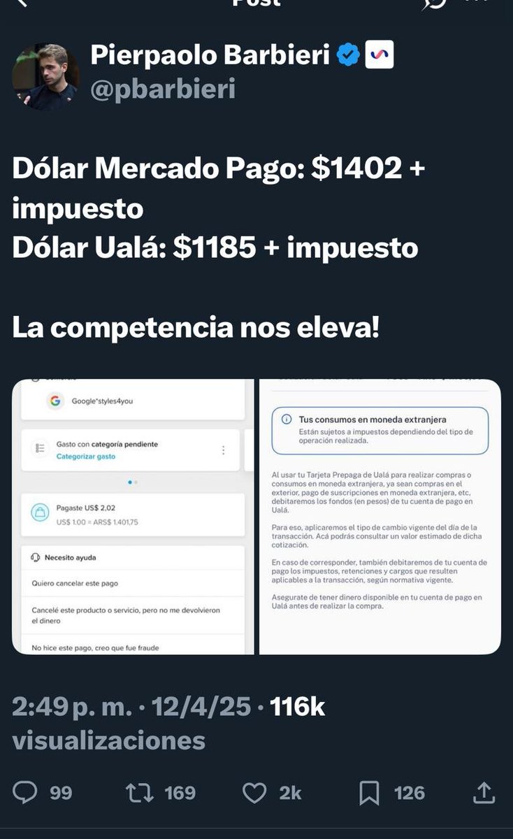 AlejandroMelhem's tweet photo. Hola @pbarbieri, la cotización que muestra  Mercado Pago es la final, no hay que sumarle impuestos.
Dólar MP: $1402 (imp incluidos)
Dólar Uala: $1514 (imp incluidos)
Los pagos en USD con tarjeta MP son más baratos que con Ualá. 🤷🏻‍♂️
La competencia LEAL nos eleva https://t.co/CfLj7pMWwB