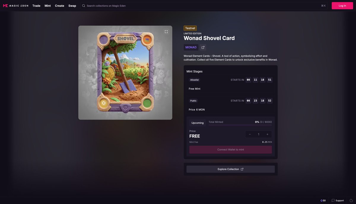 Wonad Third Element Cards - Shovel Are Now Available on <a href="/MEonMonad/">Magic Eden on Monad</a> ! 💜

Minting begins in just a few hours!
Mint here:
🔗 magiceden.io/mint-terminal/…

Mint Details:

-Supply: 8,000
-Whitelist: FREE | Max Mint: 1 (2 PM UTC)
-Public: 6 MON | Max Mint: 2 (2 AM UTC)
Over 3,000 wallets