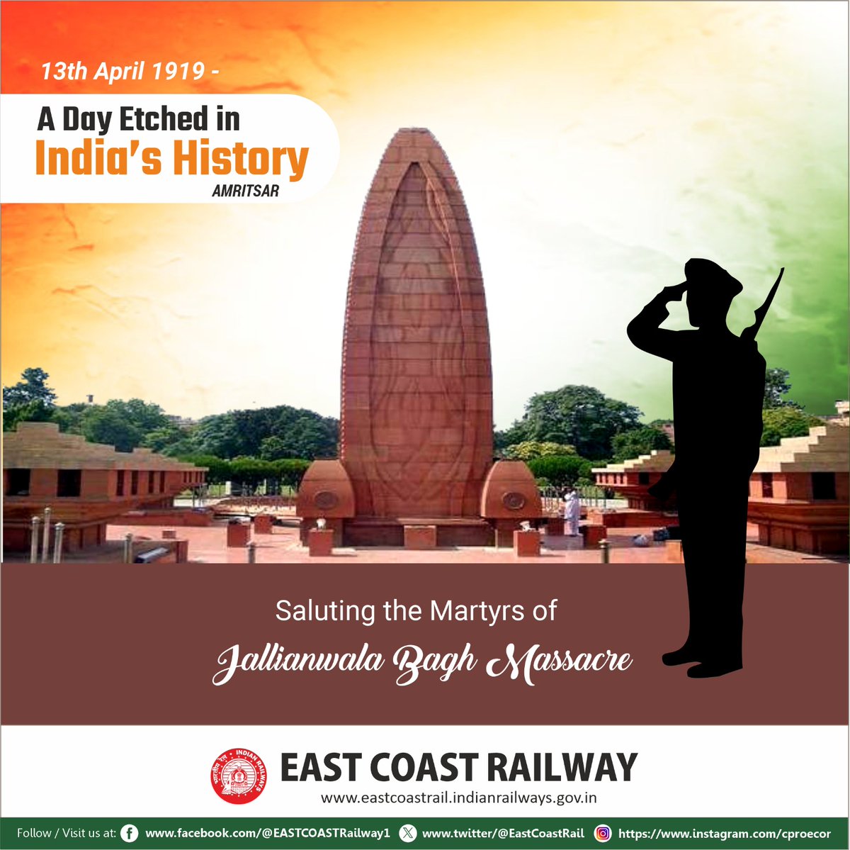 EastCoastRail's tweet photo. Let us remember the martyrs' sacrifice and honor the values of peace, justice, and freedom.
@RailMinIndia
#JallianwalaBaghMassacre #13thApril #ECoRupdate https://t.co/Yv0YO15Pcu