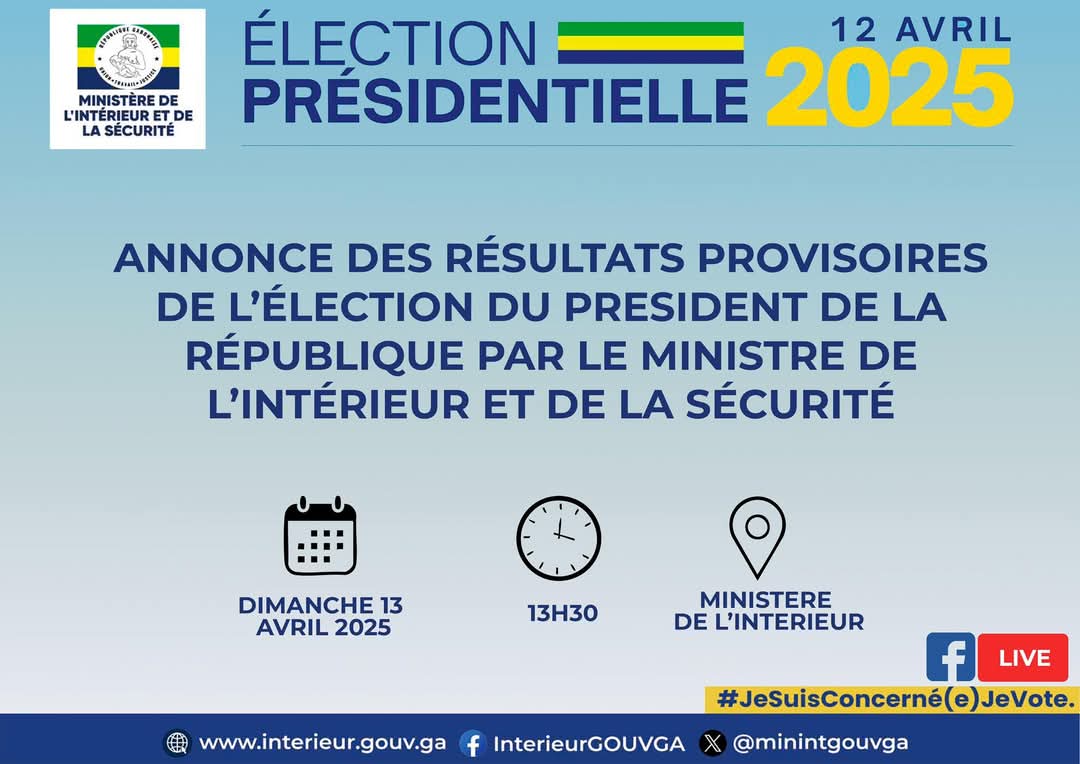 stessychrist's tweet photo. Annonce des résultats provisoires de l'élection présidentielle à 13h30 par @minintgouvga
#presidentielle2025 #gabon_2025 #gabonelections #Gabon #oligui #AwuMawu #Biliebynze #Lapensee #vote #candidat https://t.co/4wjWgUlvYh