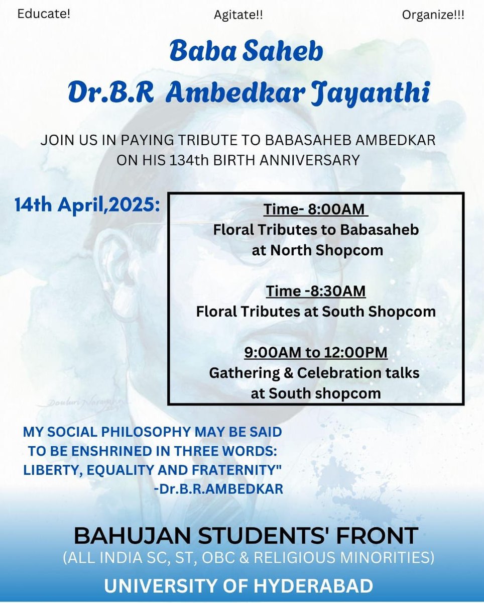 Baba Saheb Dr. BR Ambedkar Jayanthi at HCU 

Join us in paying tribute to Babasaheb Ambedkar on his 134th Birth Anniversary 

#AmbedkarJayanti2025 #JaiBhim #HCU #BSF_HCU