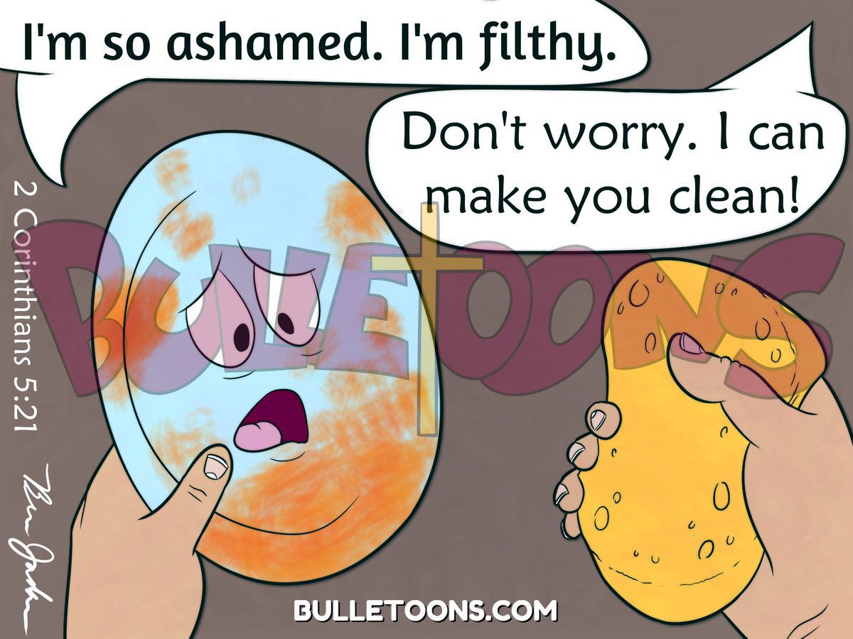 A cartoon depicting an anthropomorphized plate that is stained with an orange film, being held by a man, whose hands are seen. The plate looks shocked and disoriented as it looks at itself. It says, "I'm so ashamed. I'm filthy."
The man says, "Don't worry. I can make you clean!" He is holding a sponge in the other hand.