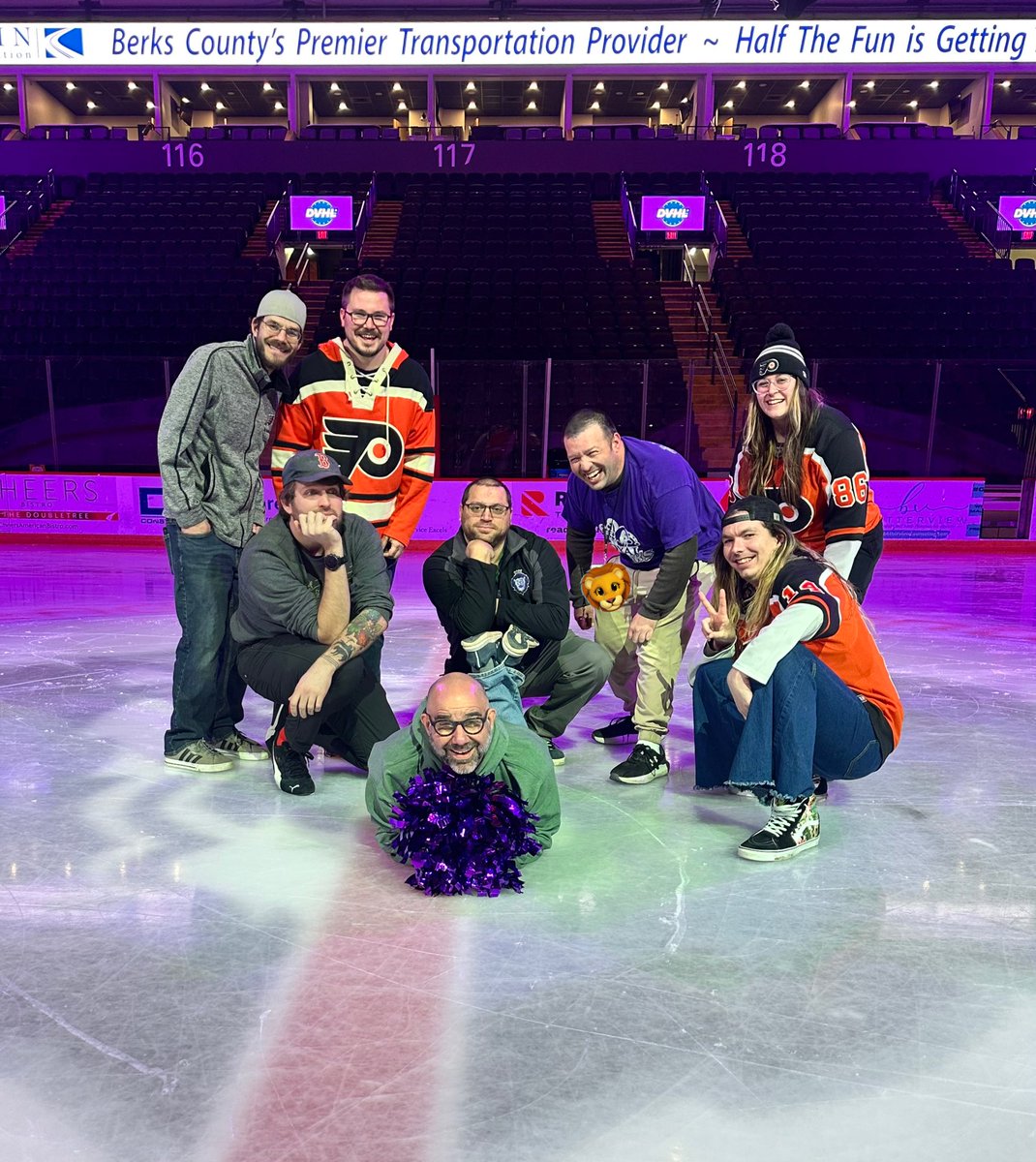nhldecker's tweet photo. the best game presentation/production crew is officially ✨playoffs bound✨🏒💜🦁

(note: this is not our full crew, so many of my favorite coworkers are missing, it’s so hard to take a full crew photo!!) https://t.co/zbVvn91Zhr