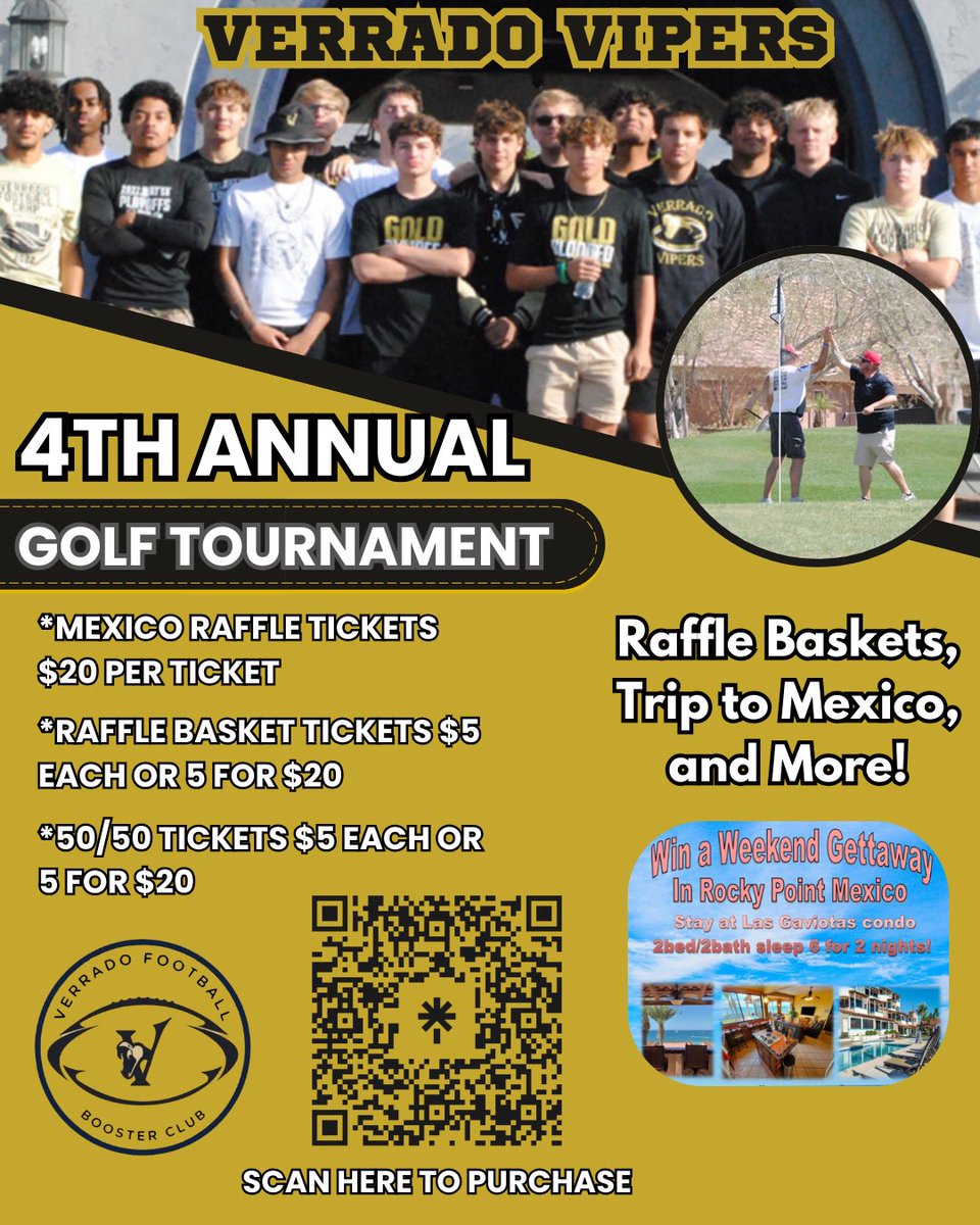 Verrado FB Boosters (@vfbboosters) on Twitter photo Purchase your Raffle Tickets, Mexico Tickets, & 50/50
Tickets ahead of time. We will have everything ready for
you when you arrive to the Golf Tournament. Let’s Go Vipers! <a href="/Verrado_Vipers/">Verrado Viper Football</a> <a href="/VerradoAthletic/">Verrado Athletics</a> Purchase your Raffle Tickets, Mexico Tickets, & 50/50
Tickets ahead of time. We will have everything ready for
you when you arrive to the Golf Tournament. Let’s Go Vipers! <a href="/Verrado_Vipers/">Verrado Viper Football</a> <a href="/VerradoAthletic/">Verrado Athletics</a>
