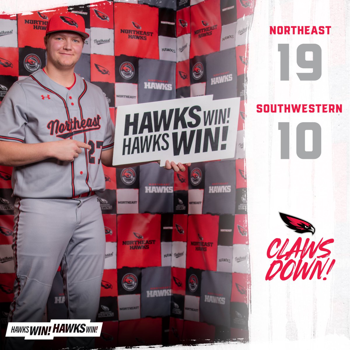 NortheastCCBSB's tweet photo. 𝙃𝙖𝙬𝙠𝙨 𝙒𝙞𝙣! 𝙃𝙖𝙬𝙠𝙨 𝙒𝙞𝙣!

Northeast tops Southwestern by a final score of 19-10 as Carter Noakes blasts two homers!

Jack Borgmann: 3-6, HR, 3 R, 5 RBI
Carter Noakes: 3-6, 2 HR, 4 R, 4 RBI
Cole Honick: 6 IP, 5 H, 4 ER, 2 K

#ClawsDown | 🔴⚫️⚪️⚾️ https://t.co/2wKN7cijsN
