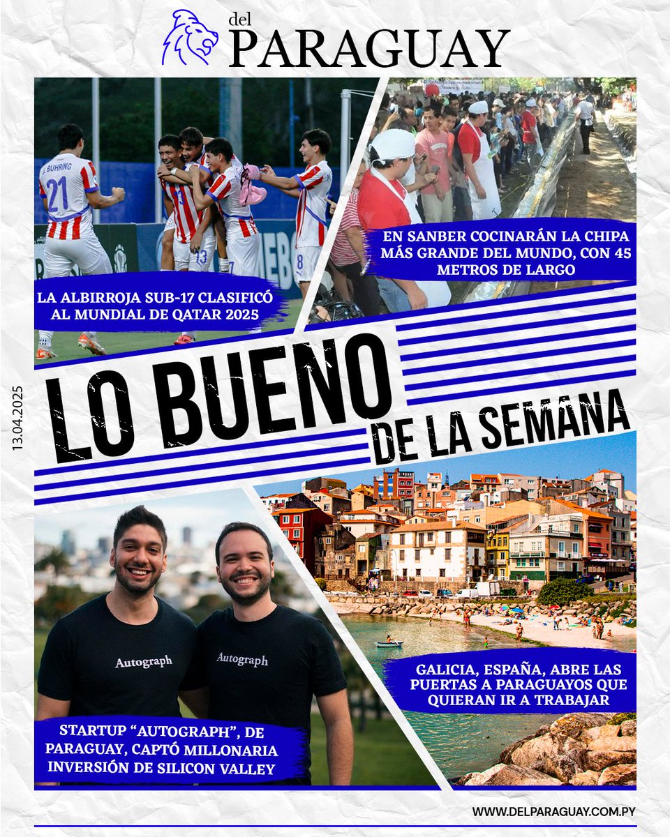 delpynews's tweet photo. ▶️ TAPA 13/04/2025 |📱
⚜ La Albirroja sub-17 clasificó al Mundial de Qatar 2025. 🇵🇾 En San Bernardino cocinarán la chipa más grande del mundo. 💪🏻
⚜ Cada fin de semana, te recordamos las noticias positivas que ocurren en nuestro país. 👌
#DELPY https://t.co/W1hadsFXb4