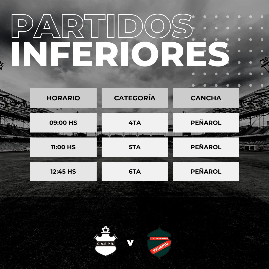 oficial_caepr's tweet photo. 📆 Dom 13/04 | Fecha 4 – Zona Platino
⚽ Esc. Pte. Roca 🆚 Peñarol
🕘 Desde las 9:00 hs

🏟 En Escuela:
7ma, 8va, 9na, 10ma, 11ra
12da suspendido

🏟 En Peñarol:
4ta, 5ta, 6ta

#LosPanzaNegra #Inferiores #Fútbol #LCF https://t.co/X8WgOKTIOk