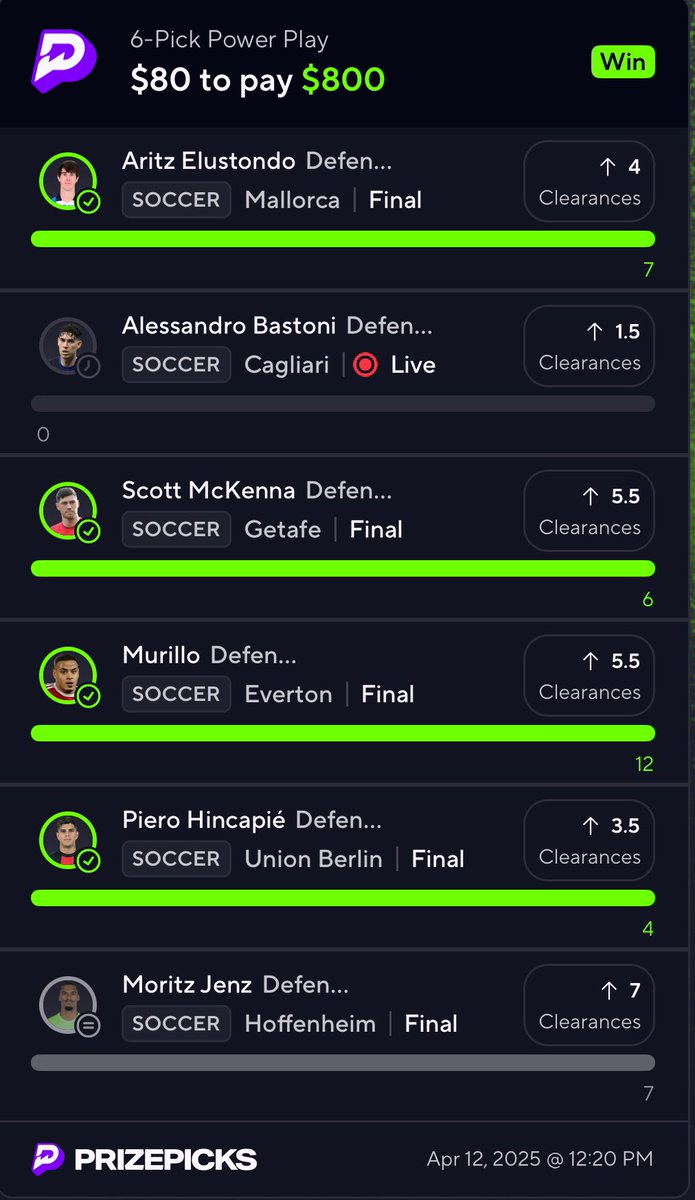 PotdPrizepicks's tweet image. LIKE/RT for $100 or FREE VIP💯

SWEPT DAY🧹Heater continues🔥
All Glory to GOD💚

CASH 2 10x✅ &amp;amp; 2 5x✅

Recap 11/11✅
Aritz Over CL✅
Bero Over SA✅
Piero Over CL✅
Izzo Under PA✅
Scott Over CL✅
Lewis Over PA✅
Claus Over SA✅
Murilo Over CL✅
Marco Over PA✅
Singo Under CL✅