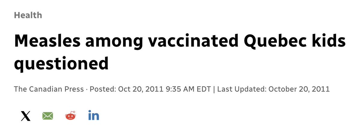 "The discovery that 52 of the 98 teens who caught measles were fully vaccinated came as a shock to the researchers who conducted the investigation." - CBC

Vaccinated kids getting sick?? Color me shocked (not)