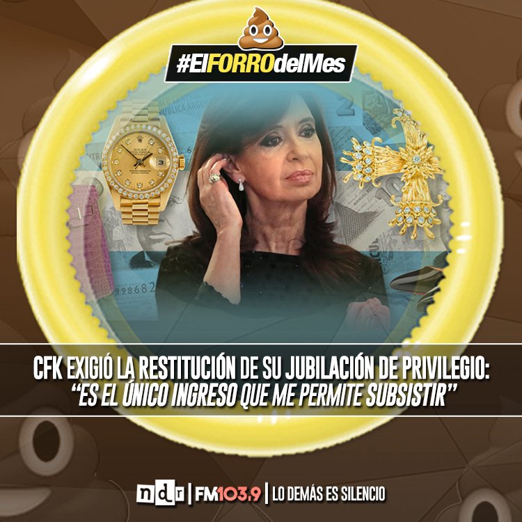 NdRradio's tweet photo. ¿Sale colecta para la ̶C̶O̶N̶D̶E̶N̶A̶D̶A̶ Jefa, amigoyentes? 😌
#️⃣ #NdR #Radio 📻 #CFK 💩 #FORRAZO #LoDemásEsHipoKresía https://t.co/x2XemYzEZt