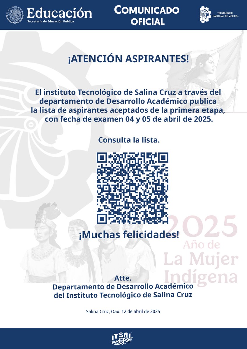¡ATENCIÓN ASPIRANTES!
Consulta la lista.
salinacruz.tecnm.mx/resultados-exa…