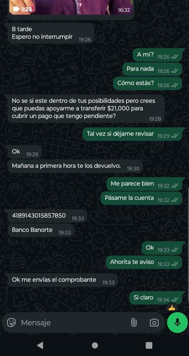 Mex_Liber1's tweet image. #ServicioSocial
#HackeoDeCelular

¡A L E R T A 

POSTLANDIA!

Están hackeando celulares, por via WhatsApp envían mensajes a los contactos registrados, solicitando ayuda monetaria.

Por lo pronto le pedí información y me dio una cuenta en Banorte para que la autoridad tenga…