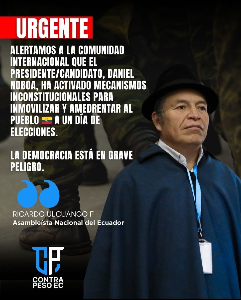 ContraPeso_Ec's tweet image. 🔴‼️𝗚𝗥𝗔𝗩𝗘 𝗦𝗜𝗧𝗨𝗔𝗖𝗜𝗢́𝗡 | Según legislador @RUlcuangoF el gobierno ecuatoriano estaría configurando mecanismos inconstitucionales para inmovilizar y amedrentar a los ecuatorianos a pocas horas de #EleccionesEcuador2025
#SomosContraPesoEc 🇪🇨
@MashiRafael