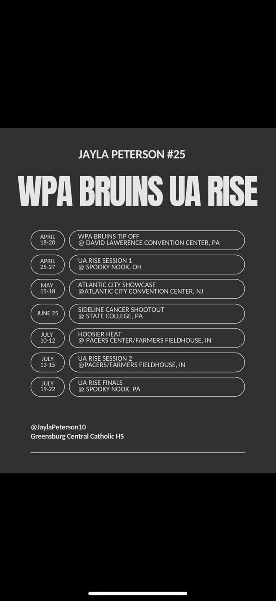 Jayla Peterson (@jaylapeterson10) on Twitter photo Hereβs my schedule for this upcoming AAU season!! Excited to compete with <a href="/BruinsAAU2020/">Bruins 2025 17U NATIONAL TEAM</a> !!! <a href="/WPABruinsAAU/">WPABruinsAAU</a> Hereβs my schedule for this upcoming AAU season!! Excited to compete with <a href="/BruinsAAU2020/">Bruins 2025 17U NATIONAL TEAM</a> !!! <a href="/WPABruinsAAU/">WPABruinsAAU</a>