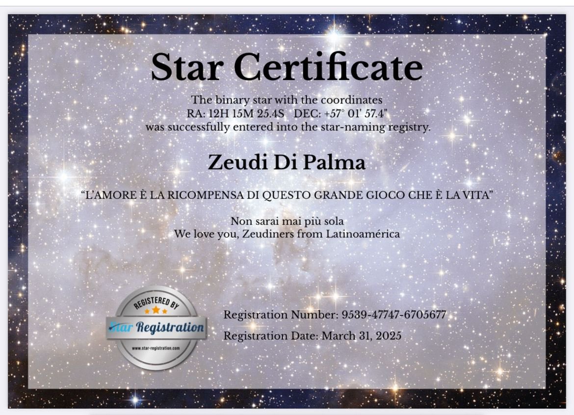 ZeudinersLATAM's tweet photo. ⭐️ CERTIFICADO OFICIAL ⭐️
@zeudidipalma 🤍✨

- Coordenadas
- Número de registro 
- Video de la localización de la estrella
- App https://t.co/5F6Re9n7HX