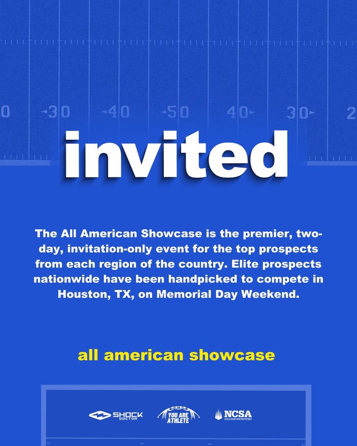 Thank You <a href="/youareathlete/">You Are Athlete</a> for the Invite to the All American Showcase <a href="/ShockDoctor/">Shock Doctor</a> <a href="/RoadToHouston/">All-American Showcase</a> 

<a href="/CoachL__/">Coach L</a> <a href="/Coach_Reeves21/">Coach Josh Reeves, M.Ed.</a> <a href="/coachCEnglish/">Coach English</a> <a href="/RecruitHoover/">#RecruitHoover</a> <a href="/GeauxBeaux8/">Darrell LeBeaux</a> @valley9760 <a href="/73_darryl/">Coach Williams jr</a> <a href="/AL7AFootball/">Alabama7AFootball</a> <a href="/CoachEdgar2/">Dustin Edgar</a>
