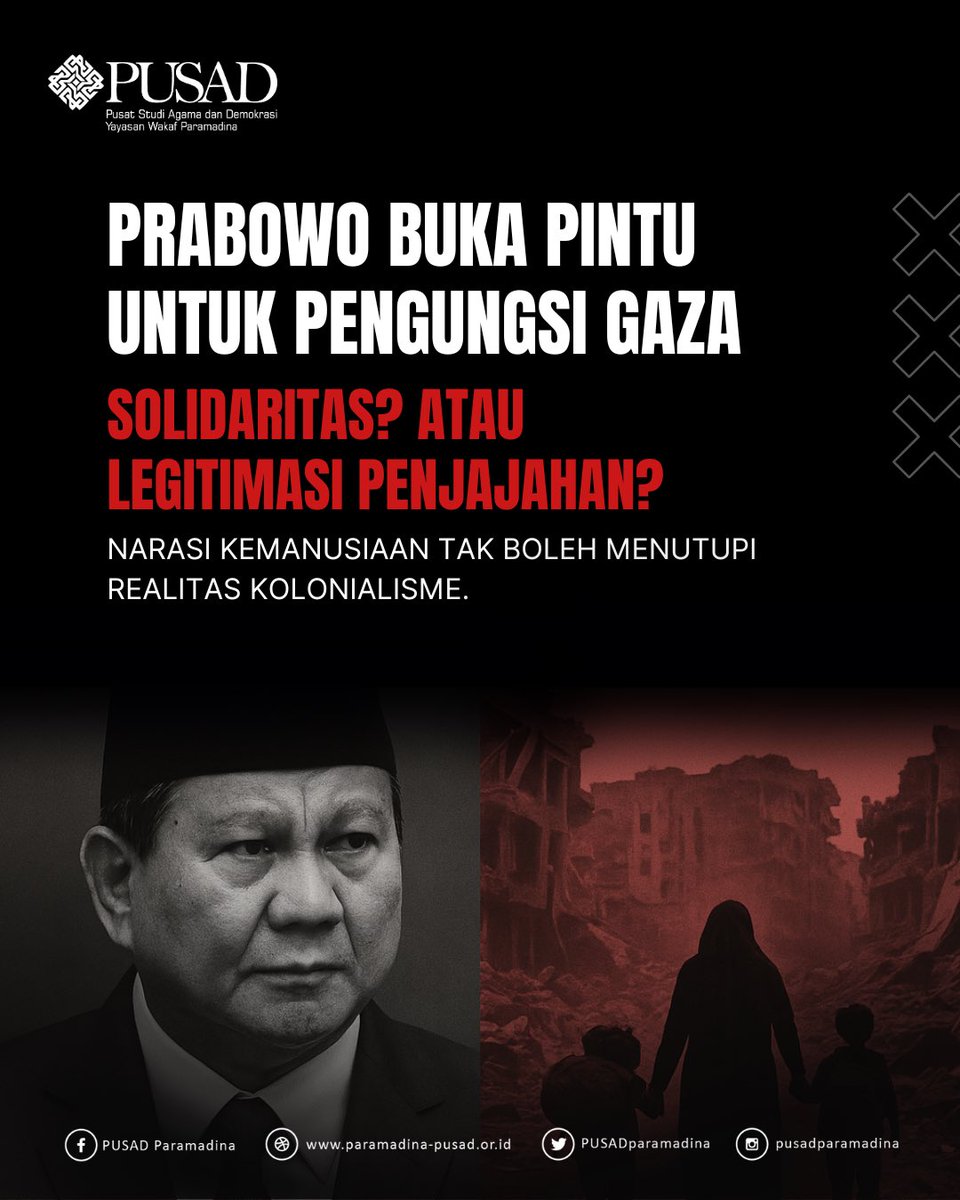 Prabowo bilang: "Indonesia siap menampung pengungsi dari Gaza."

Kedengarannya mulia. Tapi kalau kita nggak hati-hati, ini justru bisa jadi bagian dari genosida sistematis Israel.

Thread.