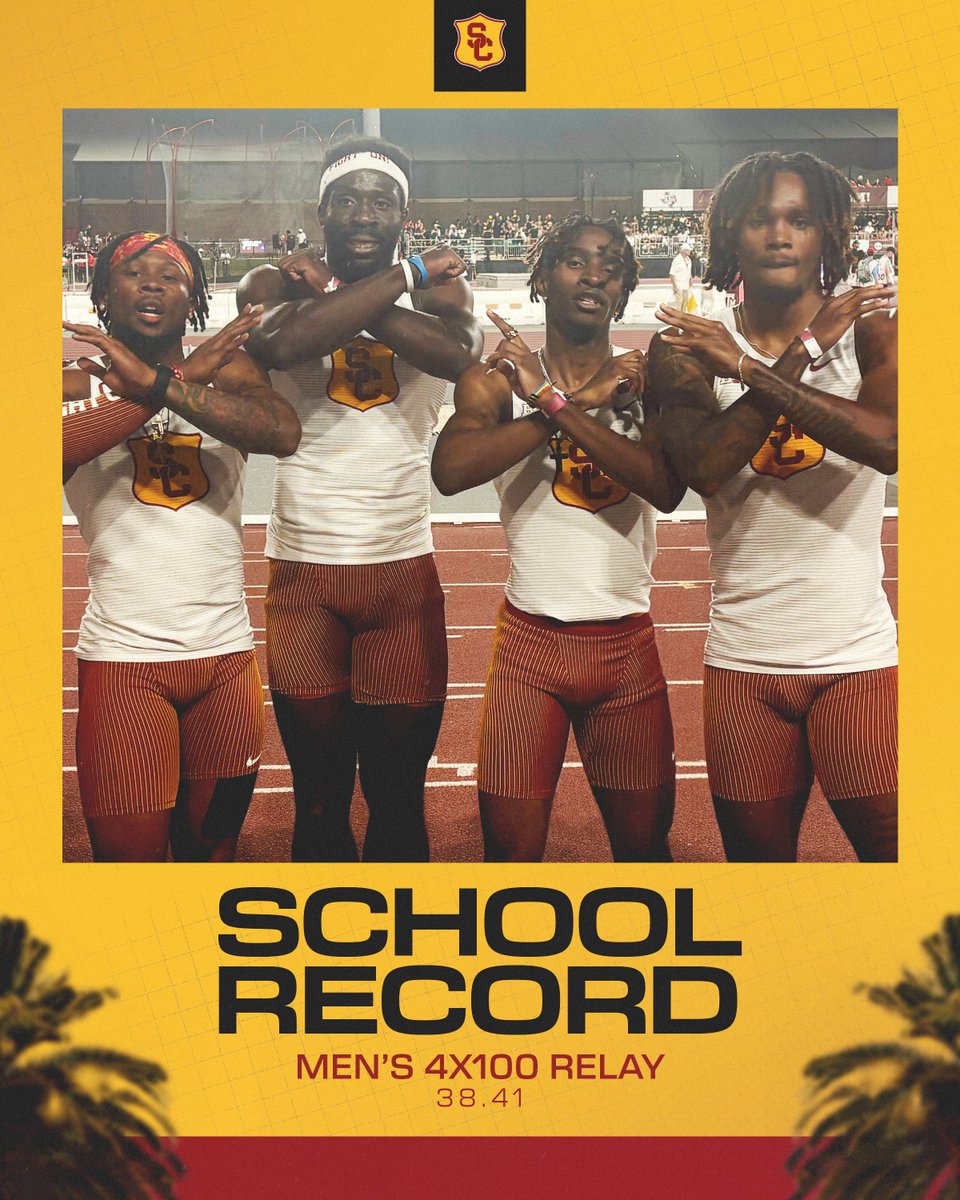 USC_Track_Field's tweet photo. 🥇 SCHOOL RECORD🥇

USC's team of @Travisajoni, @maxreign24, Garrett Kaalund and Eddie Nketia won the Texas A&M 44 Farms Team Invitational 4x100 in 38.41 — a meet record, facility record and school record!