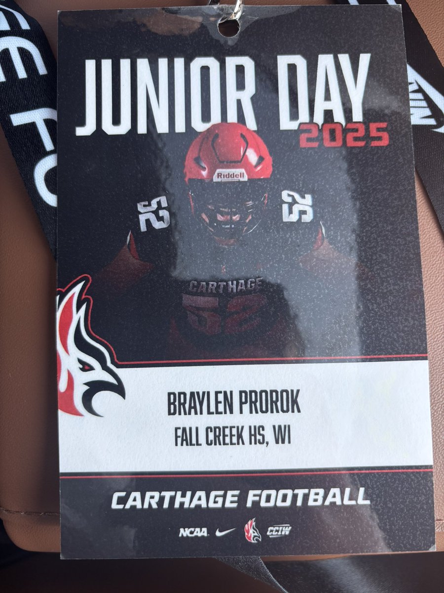 Thank you <a href="/carthagecollege/">Carthage College</a> and <a href="/Carthage_FB/">Carthage Football</a> for the great junior day. Thank you <a href="/OrryHellenbrand/">Orry Hellenbrand</a> and <a href="/CoachPopino/">Matthew Popino</a> for the invite. Also thank you to the great coaching staff and the great conversations we had. #rollfirebird #grind