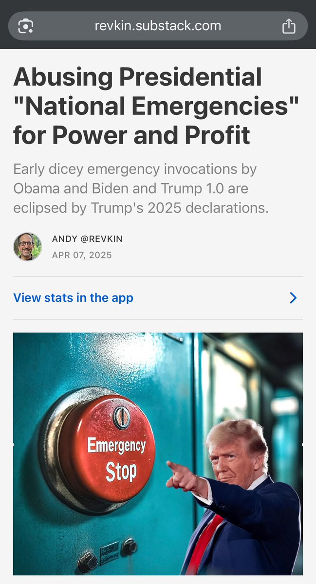 Revkin's tweet image. Glad @LizaGoitein at @BrennanCenter is working hard to challenge #EmergencyDeclaration abuse. More from her and others here: revkin.substack.com/p/abusing-pres…