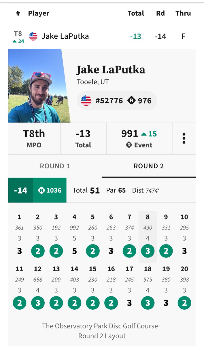JakeLaPutka's tweet photo. Yoooo I figured out how to #discgolf today and beat a couple heavy hitters with this unmatched hot round! https://t.co/PWv15ykuyk
