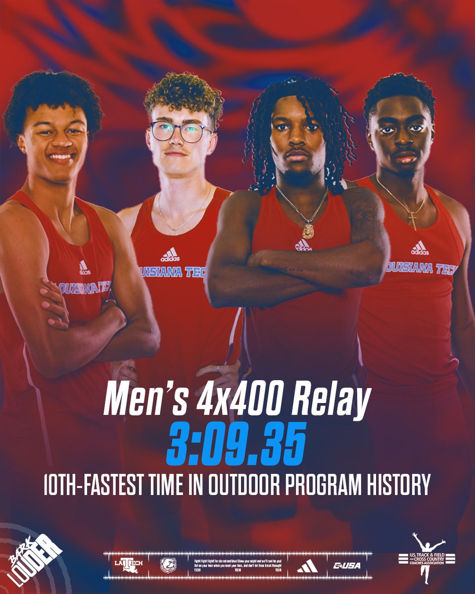 LATechTFXC's tweet photo. A little different group, but the same result

Tim Rummelhagen, @king_rudolph23, Mekhi Gammons, and @CullenHronek run a 3:09.35 for the 10th fastest time in program history

#BarkLouder https://t.co/RlXxNgwWPz