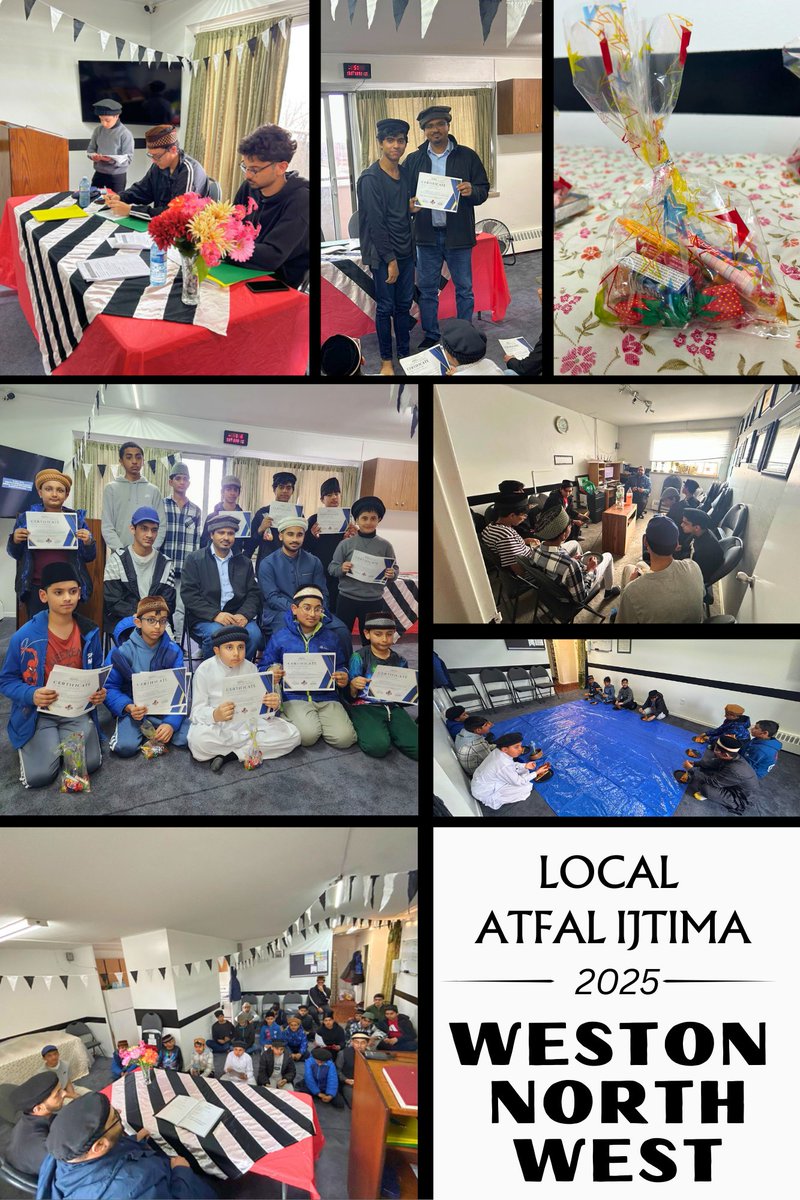 AMYA_WNWToronto's tweet photo. Some highlights from the 𝗔𝗻𝗻𝘂𝗮𝗹 𝗟𝗼𝗰𝗮𝗹 𝗜𝗷𝘁𝗶𝗺𝗮̄‘ (Spiritual Retreat) of Weston North West, #Toronto chapter – Ahmadiyya Muslim Children’s Association Canada.
Held on April 12, 2025, with 𝟭𝟬𝟬% attendance — featuring academic &amp; sports competitions!
#IjtimaCanada https://t.co/gV20GGToLn