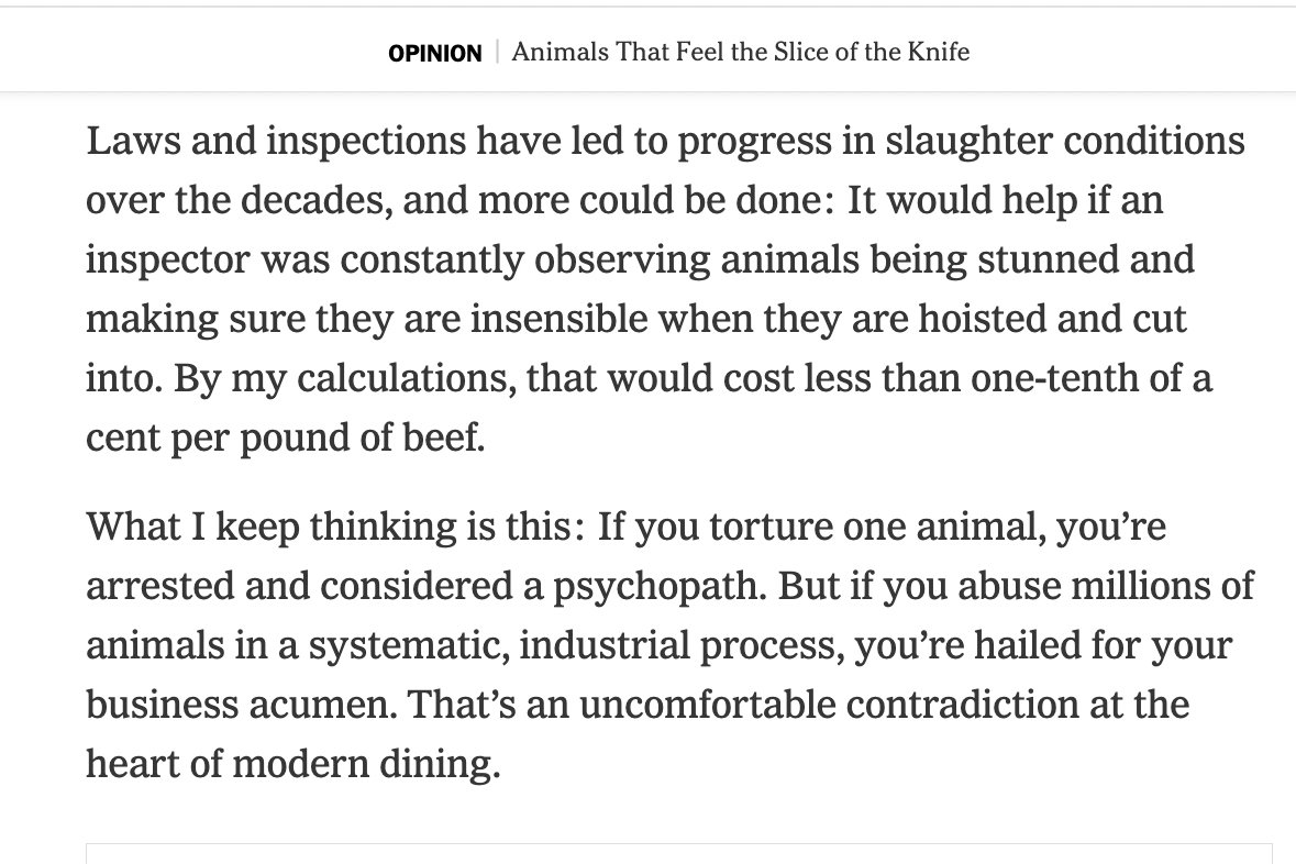Peter Godfrey-Smith (@pgodfreysmith) on Twitter photo Very good & very disturbing column from <a href="/NickKristof/">Nicholas Kristof</a>, as is often the case.
"current political challenges shouldn’t let us lose sight of every other issue, including the systematic brutality that we tolerate in our food industry". No paywall w. this link.
nytimes.com/2025/04/12/opi… Very good & very disturbing column from <a href="/NickKristof/">Nicholas Kristof</a>, as is often the case.
"current political challenges shouldn’t let us lose sight of every other issue, including the systematic brutality that we tolerate in our food industry". No paywall w. this link.
nytimes.com/2025/04/12/opi…