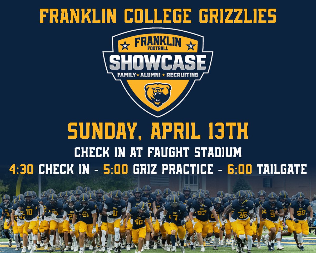Fired up to see many of our Franklin College football alums and our ‘25 commits tomorrow to watch practice up close and personal on the field! Let’s tailgate afterwards! #GoGriz