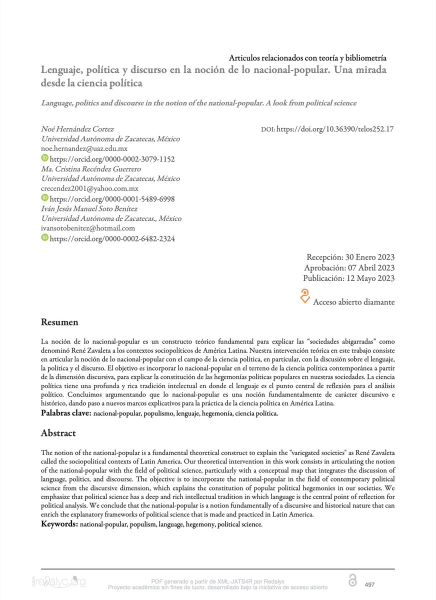Lenguaje, política y discurso en la noción de lo nacional-popular. Una mirada desde la ciencia política 👉🏾ojs.urbe.edu/index.php/telo… #CienciaPolítica #NacionalPopular #Discurso