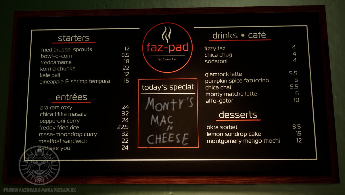 While we are on the subject of food....
We are announcing Todays Faz-Pad special early !

Melty Cheese, Mac pasta and crispy breadcrumbs ! 🧀🍽️

MONTY'S MAC N CHEESE ! ☆

Get it only today for 25,99 !