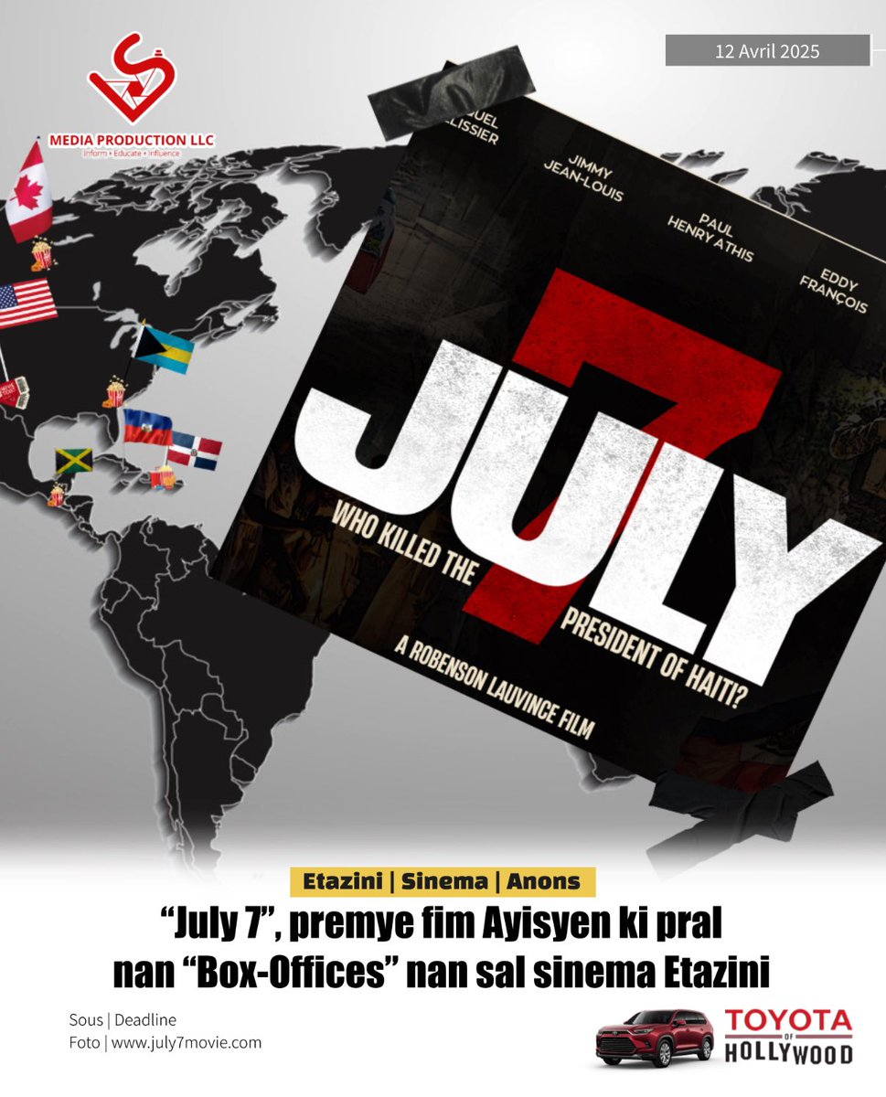 📌<a href="/GVNReleasing/">GVN Releasing</a>, ki se yon sosyete distribisyon fim endepandan Ozetazini,🇺🇸 anonse sa ofisyèlman, nan jounal <a href="/DEADLINE/">Deadline</a>. Apati 16 me 2025, 2 jou avan fèt drapo Ayisyen an, fim « July 7 : who killed the President ? » ap nan « Box-offices », sa vle di lap disponib nan divès gwo sal