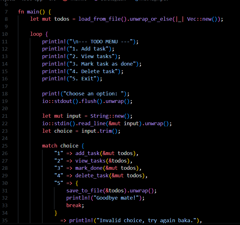 kayleecodez's tweet photo. practicing #RustLang with a TODO list app

added task deadlines, persistent storage with #serde JSON, and dynamic task status updates. 

implemented file I/O, error handling, and improved flow with pattern matching &amp; mutable borrows.

 #Rust #Programming https://t.co/pmOkLAKZzm