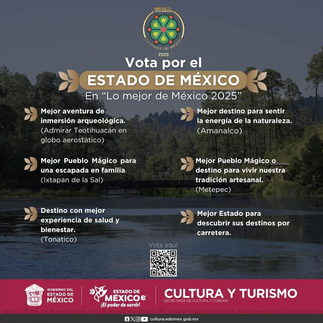 EdomexTurismo's tweet photo. Aún puedes votar por las seis nominaciones que tiene el #EstadoDeMéxico para los premios “Lo Mejor de México”. Solo ingresa al enlace https://t.co/6ANJUrImaF, regístrate y vota. https://t.co/zvtPKxBvIl