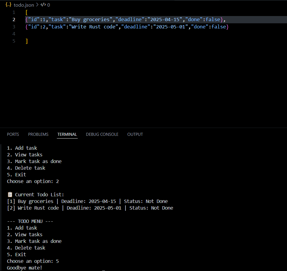 kayleecodez's tweet photo. practicing #RustLang with a TODO list app

added task deadlines, persistent storage with #serde JSON, and dynamic task status updates. 

implemented file I/O, error handling, and improved flow with pattern matching &amp; mutable borrows.

 #Rust #Programming https://t.co/pmOkLAKZzm