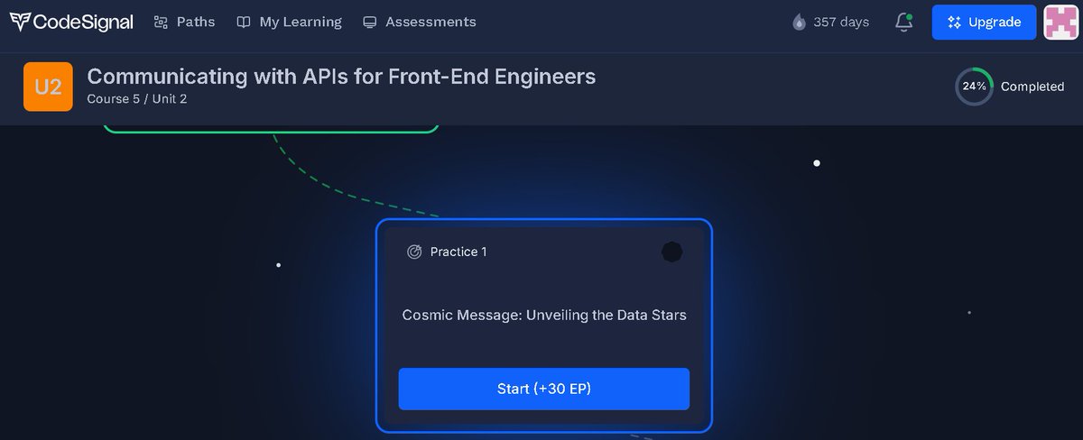 arai_kenichiro's tweet image. #CodeSignal
「Comprehensive Introduction to Front-End Engineering」
codesignal.com/learn/paths/co…
357 days
Course 5 - 24%
Communicating with APIs for Front-End Engineers
Unit 2
3/3