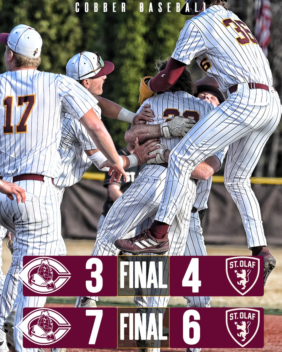 𝗖𝗢𝗕𝗕𝗦 𝗦𝗣𝗟𝗜𝗧!
Cobber baseball gets the dreaded walkoff walk⬇️ to beat St. Olaf in a 5-run rally in the 9th inning in Game 2!
- Thomas Horan: 5-for-9, 2 RBI, 2 RS
- Caiden Kjelstrom, Justin Kloster &amp; Luke Van Erp had 2-hit games
- J Riley Ohm gets the W