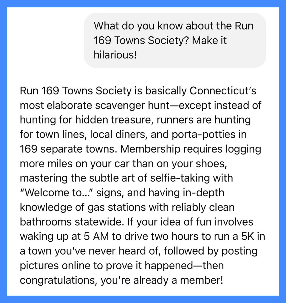 Run169Towns's tweet photo. I asked #ChatGPT to tell me what it knows about us and to make it funny, and it nailed it! https://t.co/d8dLfWfw1D