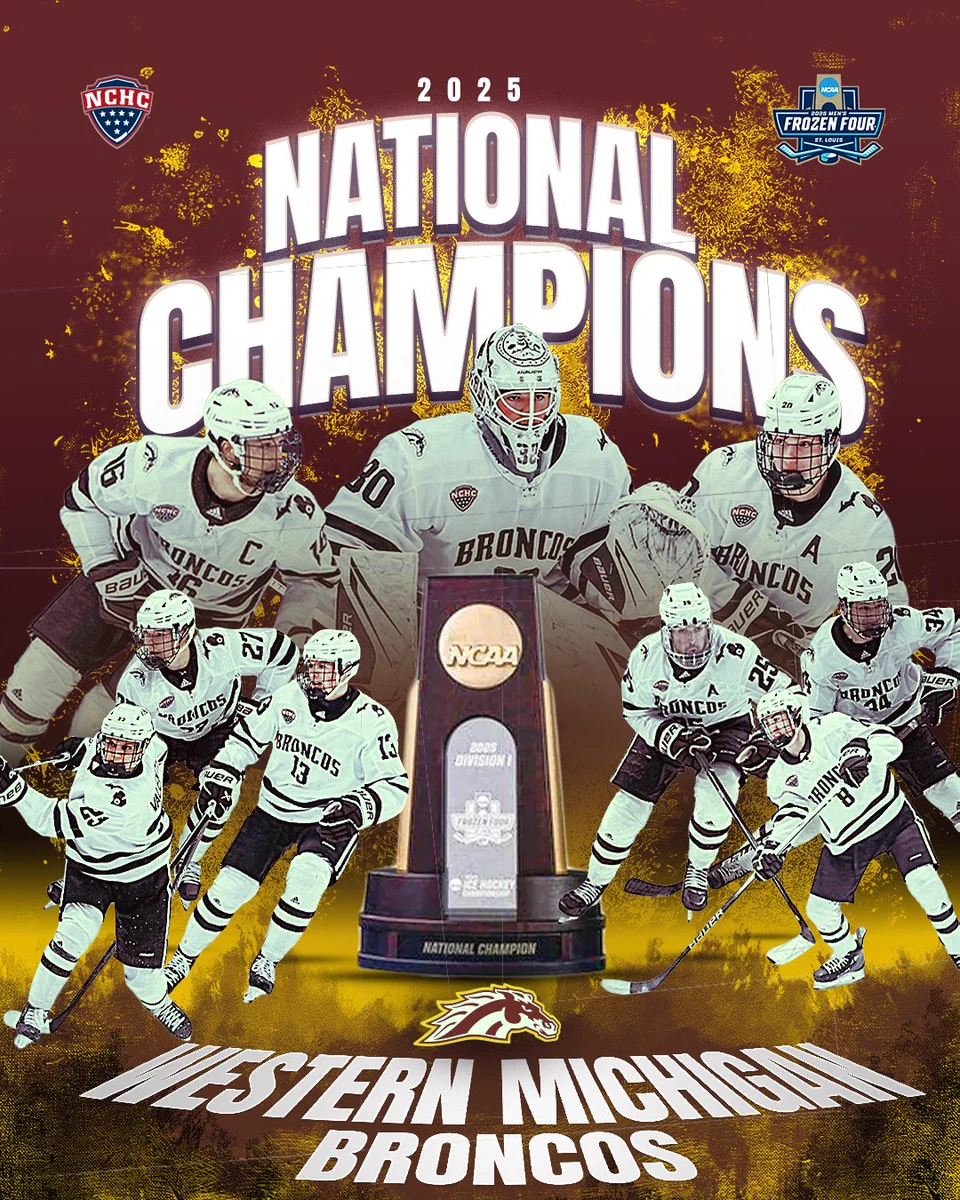 2025 National Champions with the NCAA trophy and cutouts of WMU players