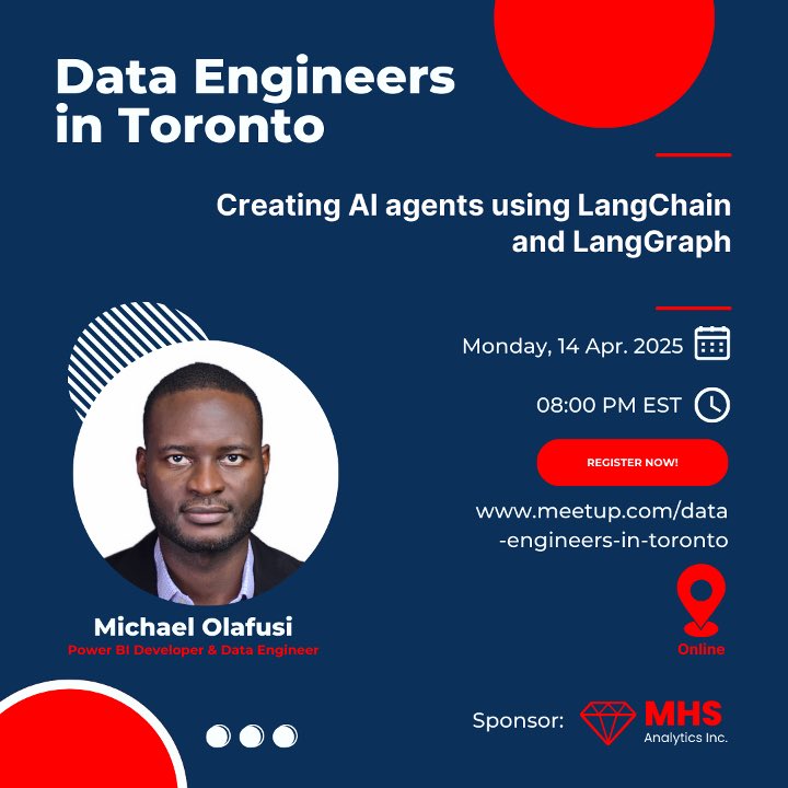 Join over 130 others who have signed up for this Monday's webinar session on building AI agents using LangChain and LangGraph: meetup.com/data-engineers…

I would be doing a live demo and building two AI agents. At the end, you will be able to build your own AI agents and understand